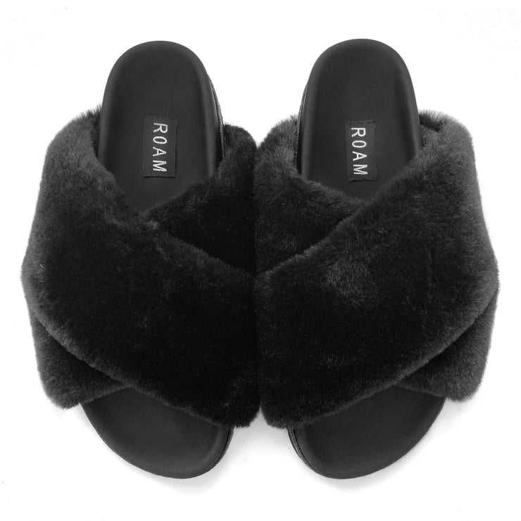 ROAM Mini Cloud Slippers Black Faux Fur