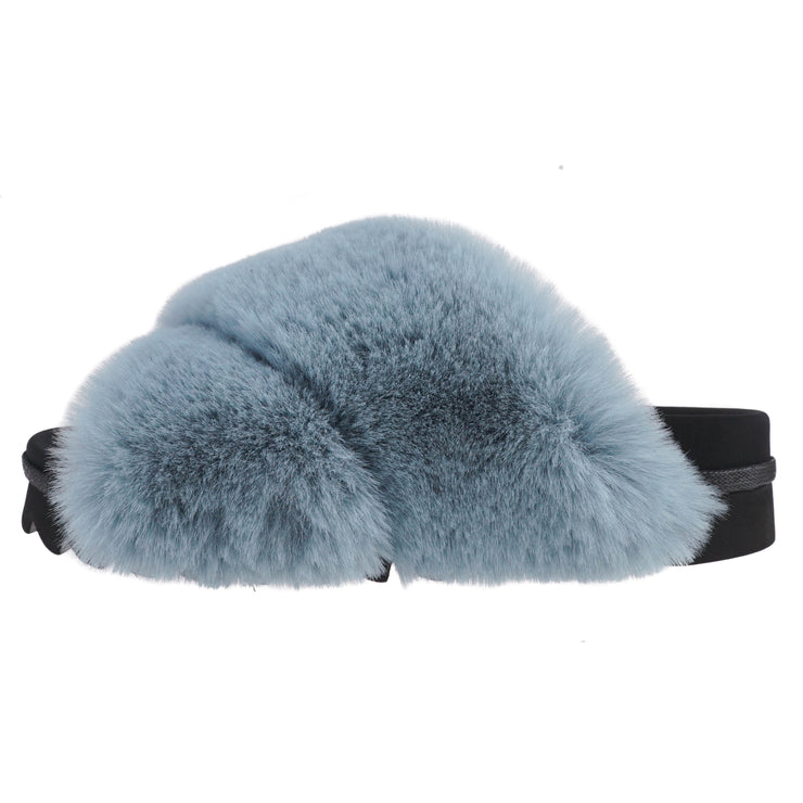 Black Fox Fur Slides With Red Stripe, Fur Slippers, Fluffy Slides